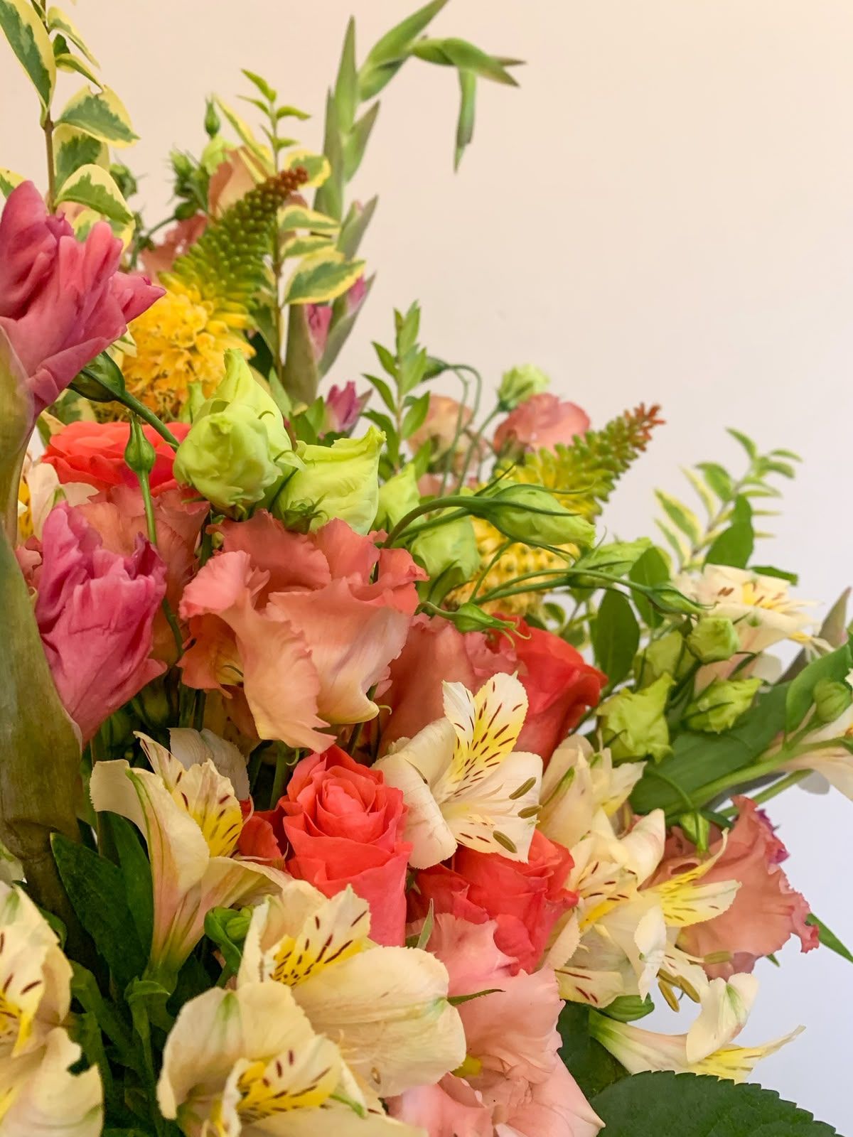 Coral roses, lisianthus, alstroemeria and variegated foliage
